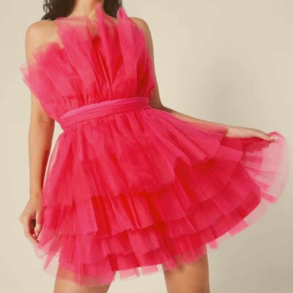 Missguided Pink Bandeau Ruffle Dress Tulle Size US 8